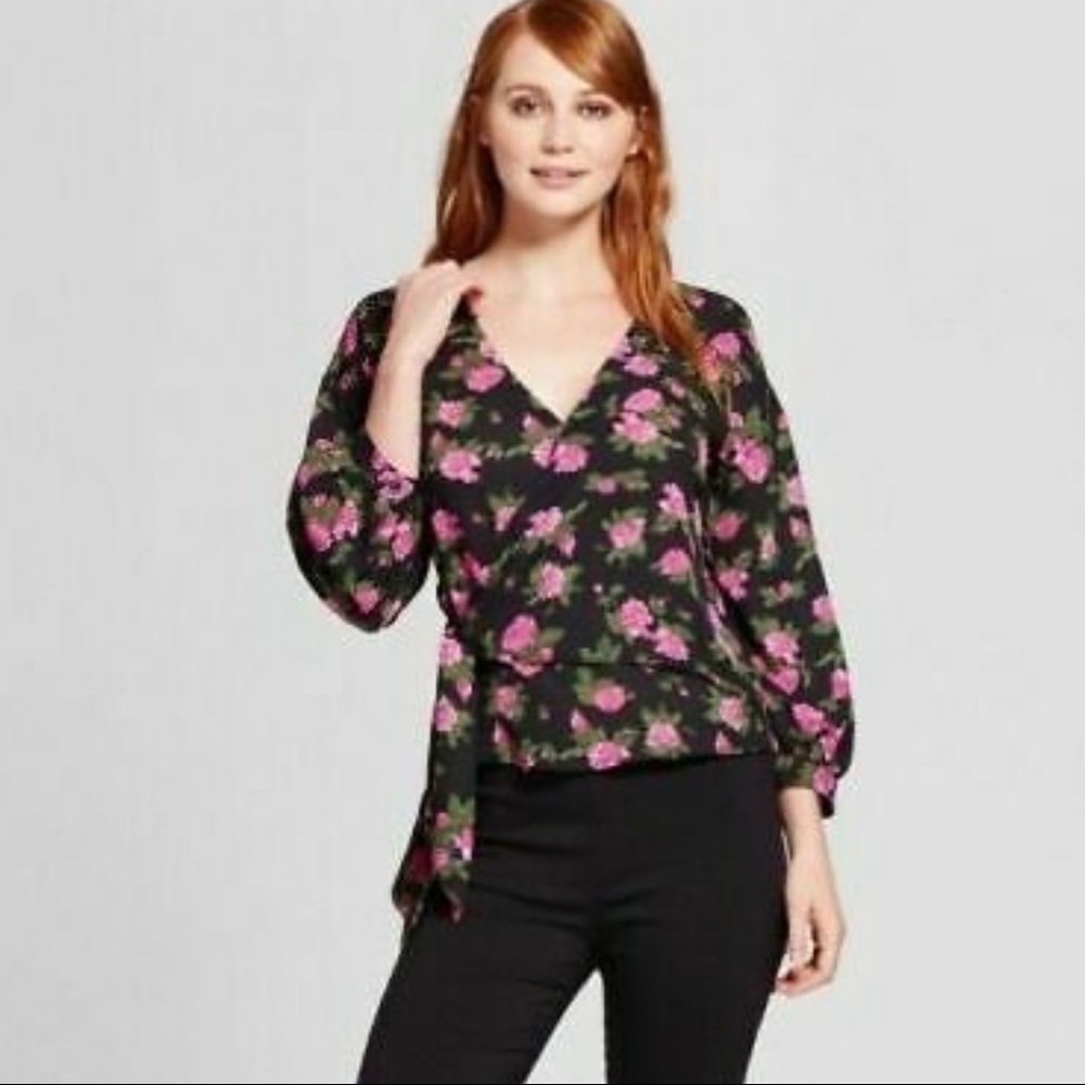 WHO WHAT WEAR Floral Black and Pink Rose Wrap Blouse - Picture 1 of 12
